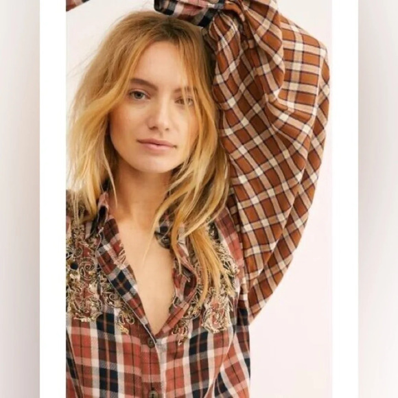 Free People Tops - Free People Snow Mountain Top in Copper Plaid Sequin Beaded Shirt Long Sleeve